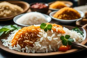 een bord van rijst- met groenten en specerijen. ai-gegenereerd foto