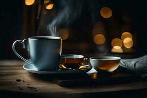 een kop van koffie en een kop van thee Aan een houten tafel. ai-gegenereerd foto