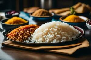 een bord van rijst, specerijen en andere ingrediënten. ai-gegenereerd foto