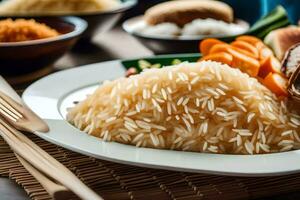 een bord van rijst- met groenten en vlees. ai-gegenereerd foto