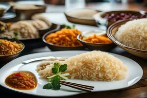 divers gerechten van rijst- zijn Aan een tafel. ai-gegenereerd foto