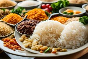 een verscheidenheid van rijst- gerechten zijn geregeld Aan een tafel. ai-gegenereerd foto