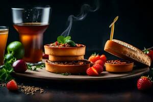 voedsel met bier en aardbeien Aan een houten bord. ai-gegenereerd foto