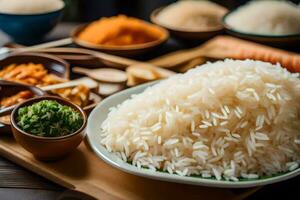 een bord van rijst- met divers ingrediënten. ai-gegenereerd foto