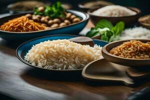 divers types van rijst- in kommen Aan een tafel. ai-gegenereerd foto