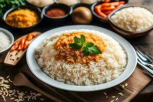 rijst- met specerijen en kruiden Aan een houten tafel. ai-gegenereerd foto