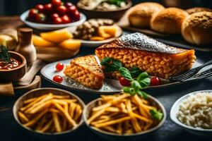 een bord van voedsel met Frans Patat, brood en andere ingrediënten. ai-gegenereerd foto