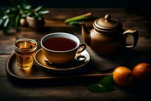 een kop van thee en een glas van oranje sap Aan een houten tafel. ai-gegenereerd foto