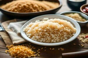een kom van rijst- met andere ingrediënten Aan een houten tafel. ai-gegenereerd foto