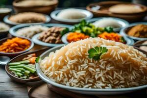een verscheidenheid van rijst- gerechten zijn geregeld Aan een tafel. ai-gegenereerd foto