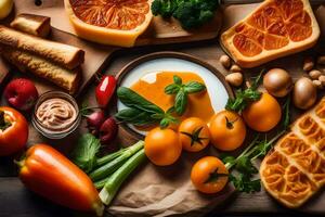 divers voedingsmiddelen inclusief brood, kaas, eieren, tomaten en andere ingrediënten. ai-gegenereerd foto