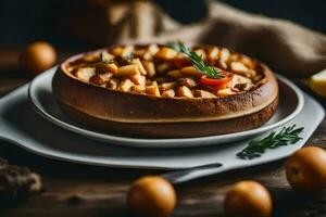 een bord van voedsel met aardappelen en tomaten. ai-gegenereerd foto