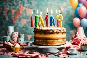 verjaardag taart met kaarsen voor de verjaardag van de eerste geboren. ai-gegenereerd foto