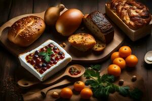 divers types van brood, eieren, en andere voedingsmiddelen Aan een houten tafel. ai-gegenereerd foto