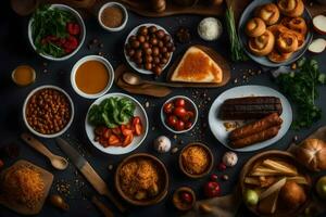 een verscheidenheid van voedsel is geregeld Aan een tafel. ai-gegenereerd foto