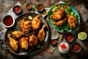 gebakken kip met saus en groenten Aan een houten tafel. ai-gegenereerd foto