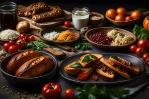 divers voedingsmiddelen inclusief brood, groenten en vlees Aan een tafel. ai-gegenereerd foto