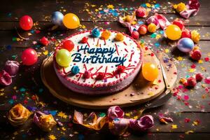 gelukkig verjaardag taart Aan een houten tafel met confetti en ballonnen. ai-gegenereerd foto