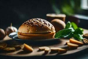 een Hamburger Aan een bord met brood en andere voedsel. ai-gegenereerd foto