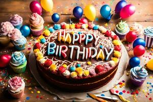 gelukkig verjaardag taart met cupcakes en ballonnen. ai-gegenereerd foto