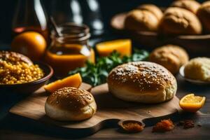 een houten snijdend bord met broodjes, brood en andere ingrediënten. ai-gegenereerd foto