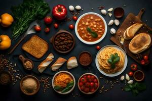 divers voedingsmiddelen en ingrediënten zijn geregeld Aan een donker tafel. ai-gegenereerd foto