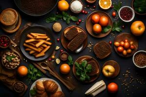 divers voedingsmiddelen en ingrediënten zijn geregeld Aan een tafel. ai-gegenereerd foto