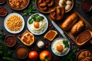 divers voedingsmiddelen inclusief brood, eieren, tomaten en andere ingrediënten. ai-gegenereerd foto
