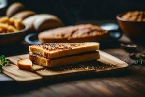 een plak van brood Aan een houten snijdend bord. ai-gegenereerd foto