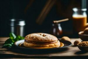 een bagel belegd broodje met honing mosterd en honing Aan een houten tafel. ai-gegenereerd foto