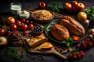 divers voedingsmiddelen inclusief brood, pasta, tomaten, kaas en andere ingrediënten. ai-gegenereerd foto