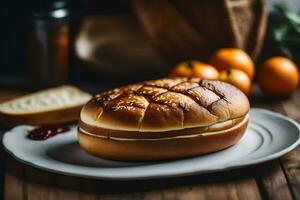 een belegd broodje Aan een bord met sinaasappels en brood. ai-gegenereerd foto