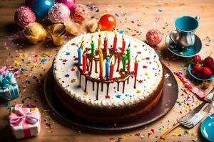 een verjaardag taart met kaarsen Aan het en confetti. ai-gegenereerd foto
