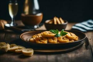 gebakken weegbree chips Aan een houten bord. ai-gegenereerd foto