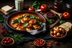 Italiaans voedsel met tomaten, brood, kaas en basilicum Aan een houten tafel. ai-gegenereerd foto