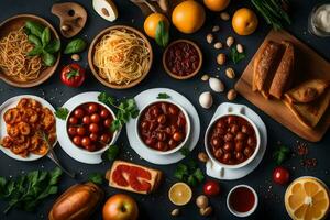 divers types van Italiaans voedsel Aan een tafel. ai-gegenereerd foto