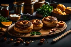 bagels Aan een snijdend bord met specerijen en noten. ai-gegenereerd foto