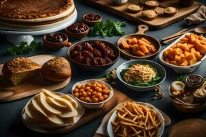 een verscheidenheid van voedsel Aan een tafel. ai-gegenereerd foto