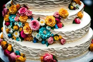 een bruiloft taart met kleurrijk bloemen Aan top. ai-gegenereerd foto