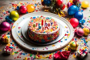 een verjaardag taart met de woord gelukkig Aan het. ai-gegenereerd foto