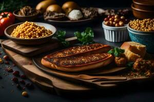 een verscheidenheid van voedingsmiddelen inclusief brood, bonen en andere ingrediënten. ai-gegenereerd foto