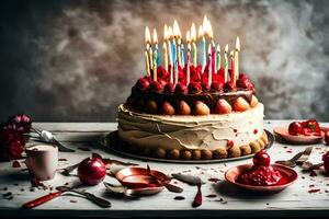 verjaardag taart met kaarsen Aan een houten tafel. ai-gegenereerd foto