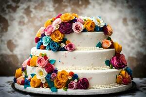 een drie moe taart met kleurrijk bloemen. ai-gegenereerd foto