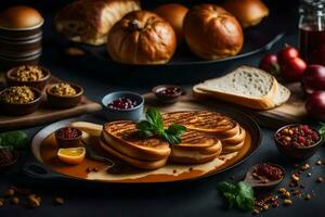 een bord van voedsel met brood, appels en andere ingrediënten. ai-gegenereerd foto