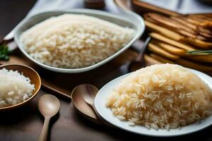 wit rijst- in een kom en houten lepels. ai-gegenereerd foto