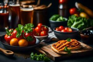 een verscheidenheid van voedsel inclusief brood, tomaten en bier. ai-gegenereerd foto