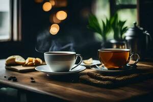 twee cups van thee Aan een houten tafel. ai-gegenereerd foto