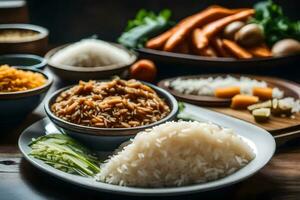 een tafel met rijst, wortels, en andere voedingsmiddelen. ai-gegenereerd foto