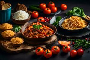 spaghetti met vlees saus, tomaten, brood en groenten. ai-gegenereerd foto