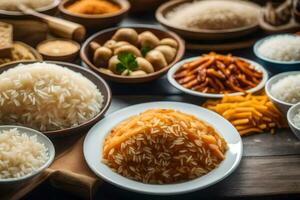 divers types van rijst- en andere voedingsmiddelen Aan een tafel. ai-gegenereerd foto